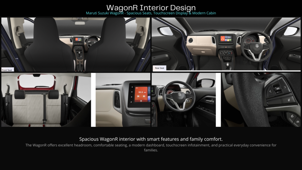 Maruti Suzuki WagonR interior with spacious seats, touchscreen display, and modern cabin design.