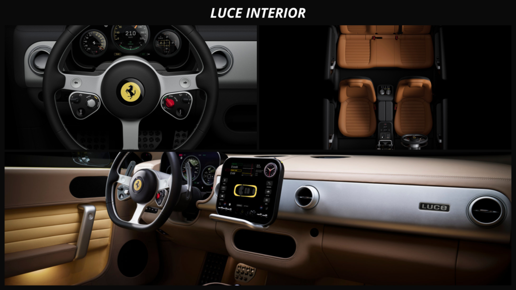 Ferrari Luce interior featuring futuristic dashboard, premium leather seats, digital cockpit, and luxury cabin design