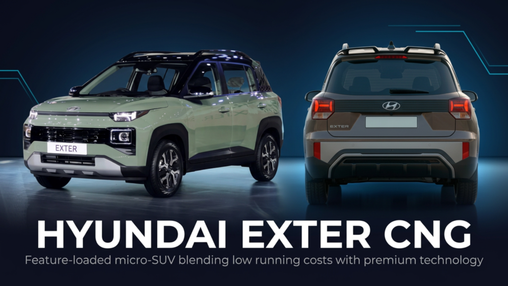 Hyundai Exter CNG parked outdoors showcasing modern micro SUV styling and premium urban design