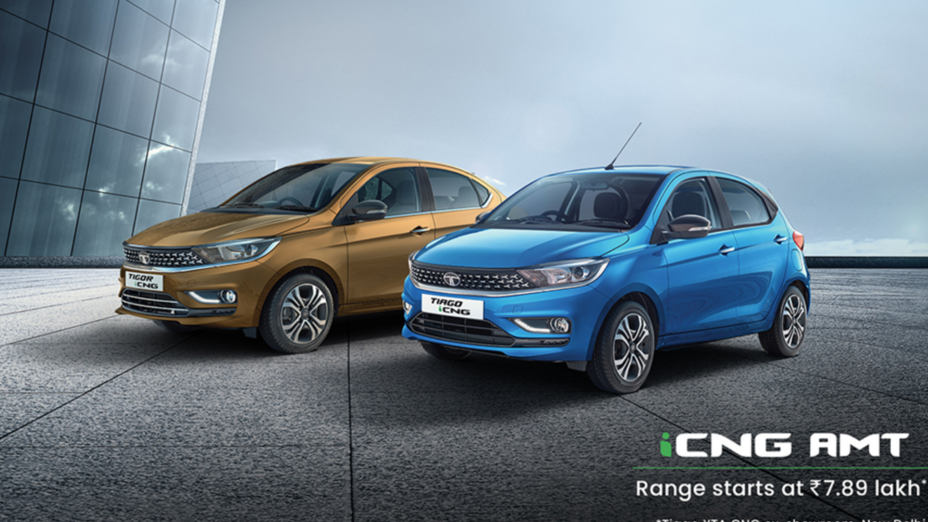 Tata Tiago CNG parked outdoors showcasing sporty hatchback styling and practical fuel-efficient design