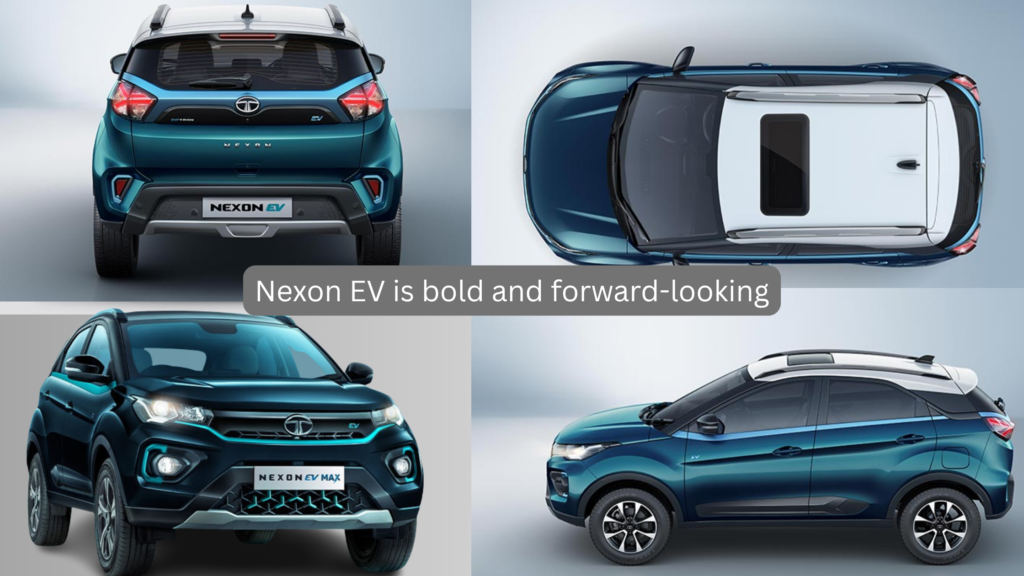 Exterior view of the Tata Nexon EV showcasing its bold front grille, LED DRLs, aerodynamic styling, alloy wheels, and modern electric SUV design.