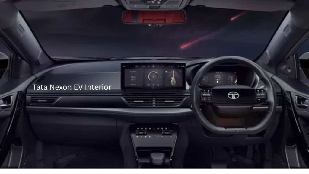 Modern interior of the Tata Nexon EV showcasing the premium dashboard, touchscreen infotainment system, digital instrument cluster, and spacious cabin design.

