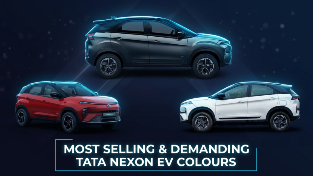 Most popular color option of the Tata Nexon EV displayed in a stylish exterior view highlighting its modern design, LED lighting, and bold SUV stance.

