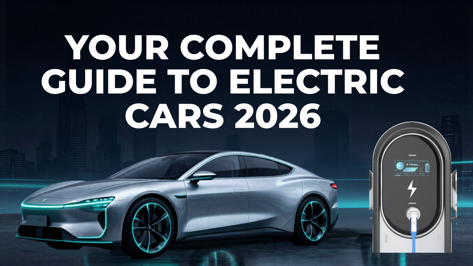 A premium showcase of the best electric cars in the world for 2026 featuring modern EV SUVs, sedans, and luxury electric vehicles parked in a futuristic urban setting.