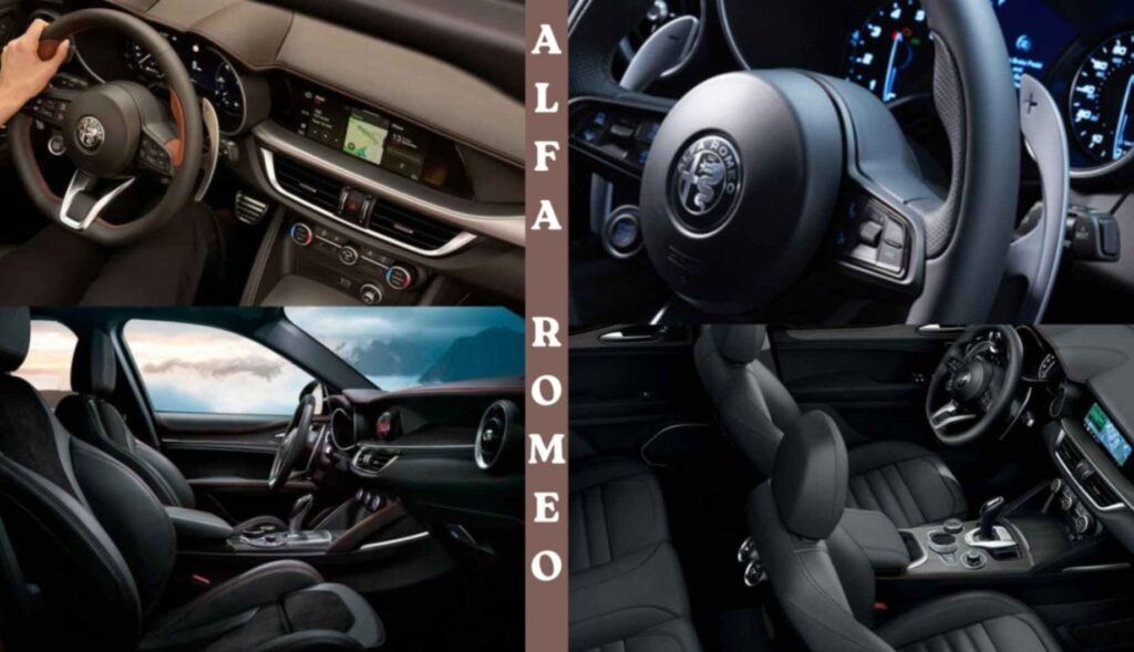 Alfa Romeo Stelvio interior featuring digital cockpit, leather seats, and sporty steering wheel