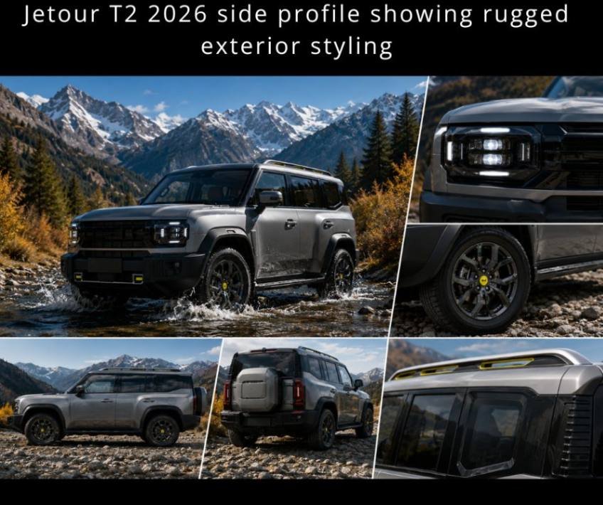 The Jetour T2 exterior features a bold design with LED lighting, large wheels and adventure-ready proportions.