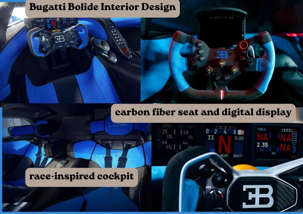 Bugatti Bolide race-inspired cockpit with carbon fiber seat and digital display